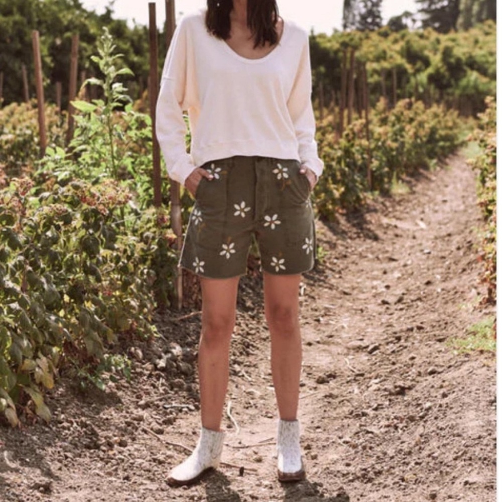 THE GREAT. Olive Green Floral Appliqué Shorts